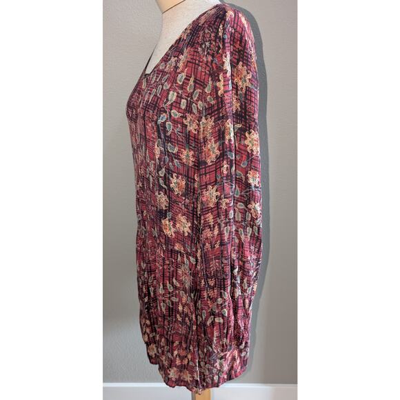 Peruvian Connection Silk Blend Above Knee Drop Waist Keyhole Dress Floral Red 14 - Picture 2 of 5